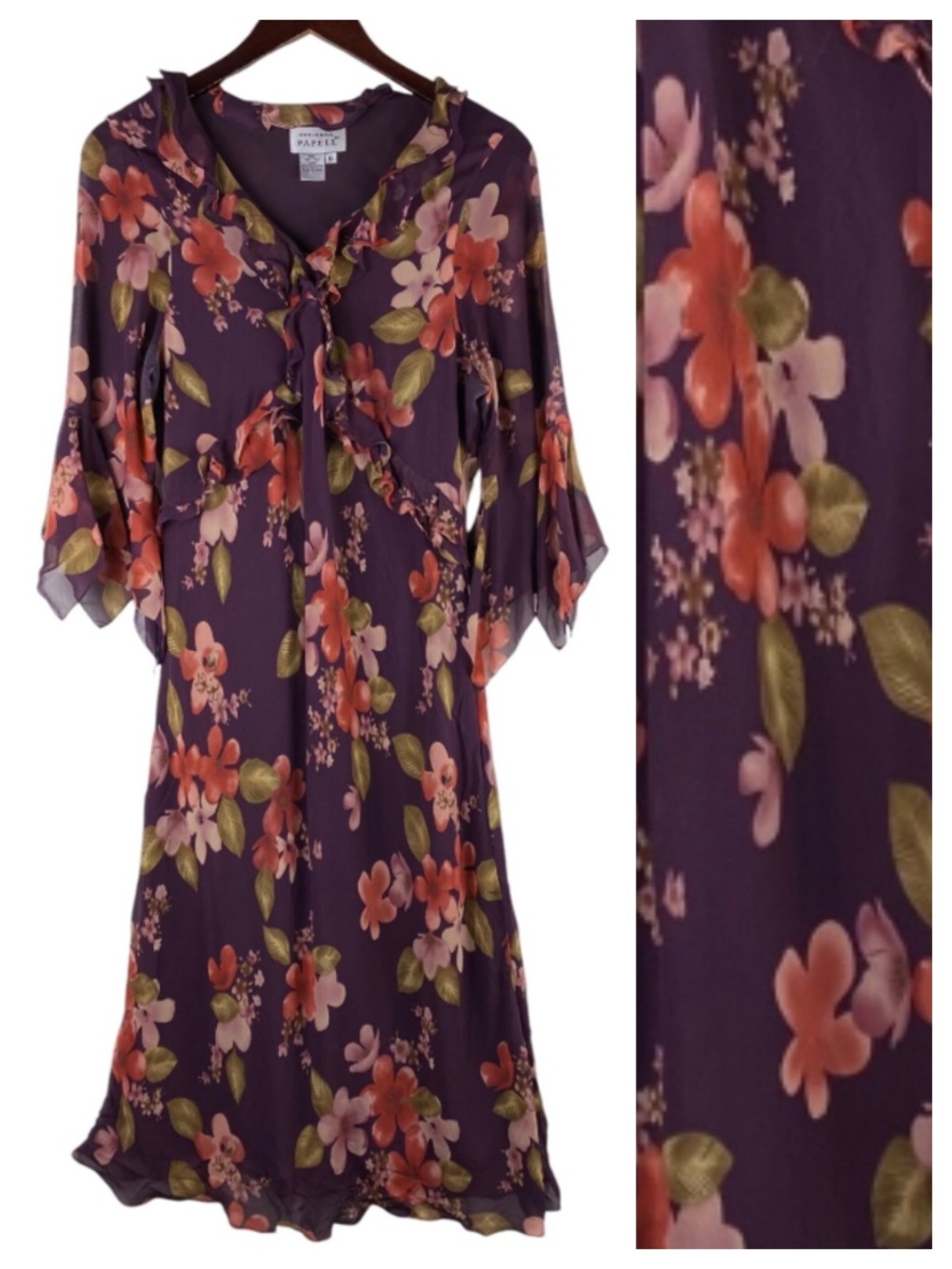 Adrianna Papell Sz 16 XL Midi Dress Floral 100% SILK Maroon Party Holiday - Picture 2 of 5